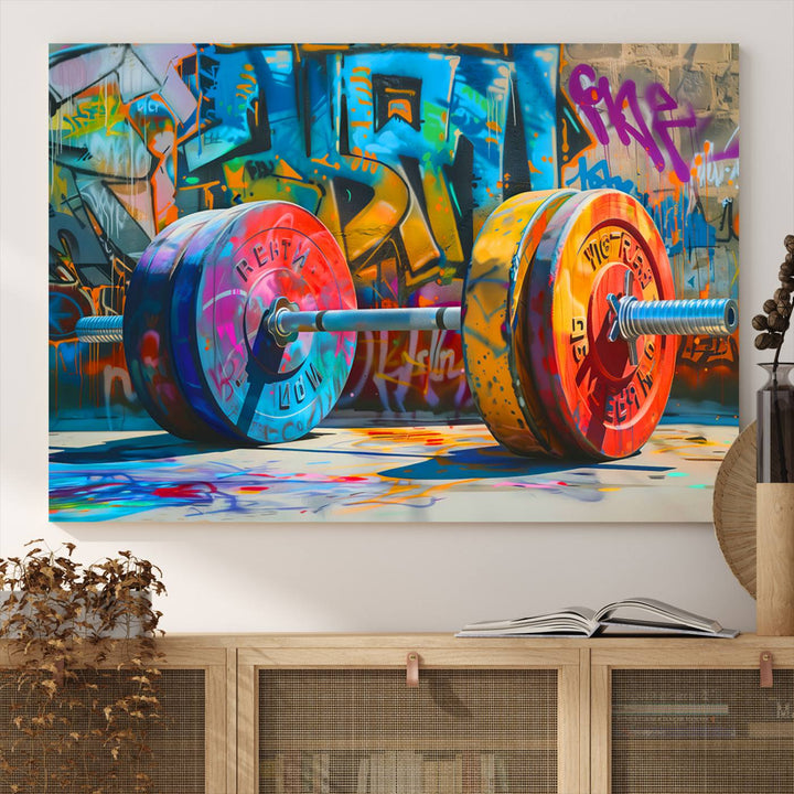 A Fitness Gym Barbell Graffiti Wall Art Canvas Print is displayed.