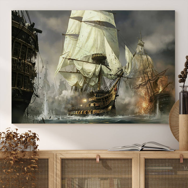 Featuring a dramatic Pirate Ship War Wall Art Canvas Print.