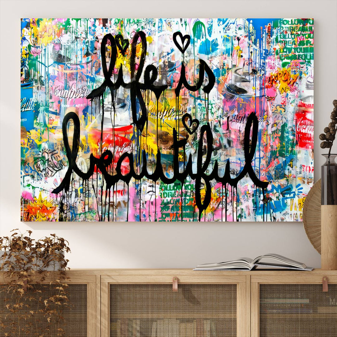 The Life Beautiful graffiti style canvas print is showcased in black script.