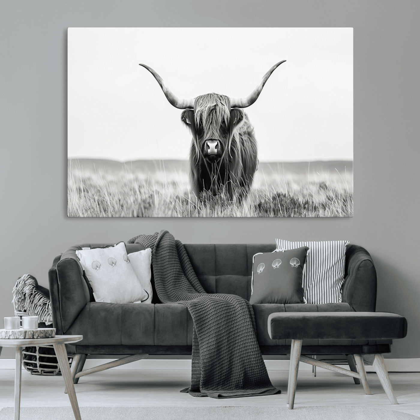 MGV-CV-36X24 - Highland Cow Canvas Wall Art – Majestic Beauty in Black and White – Ready to Hang