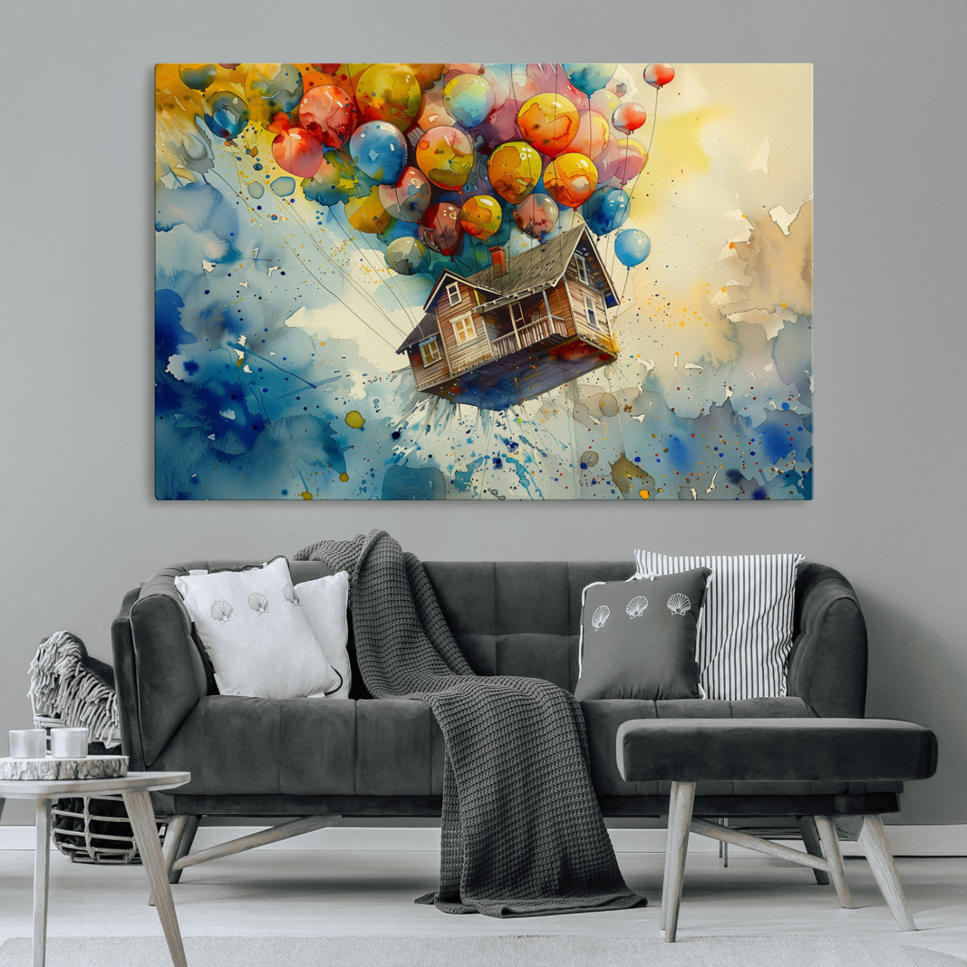 MGV-CV-36X24 - UP-Inspired Floating House with Balloons Canvas Art – Colorful 3-Panel Wall Decor for Living Room,