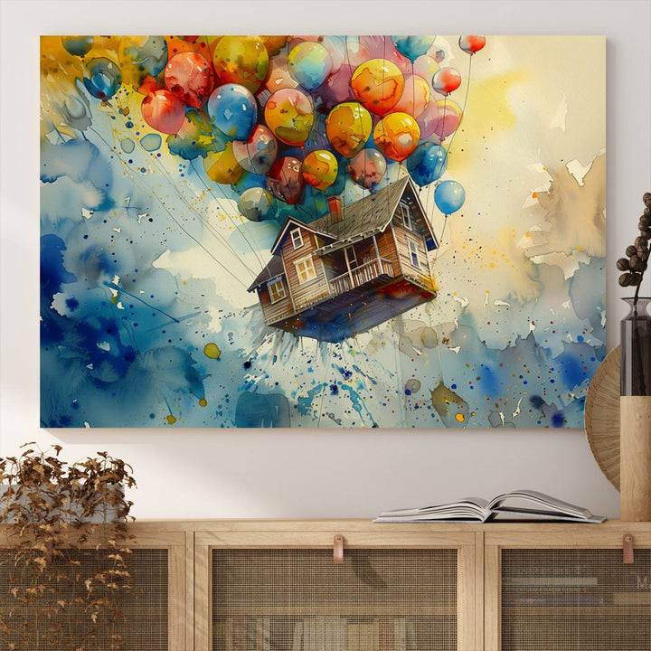 UP-Inspired Floating House with Balloons Triptych Canvas Art – Colorful 3-Panel Wall Decor for Living Room, Office, or Nursery