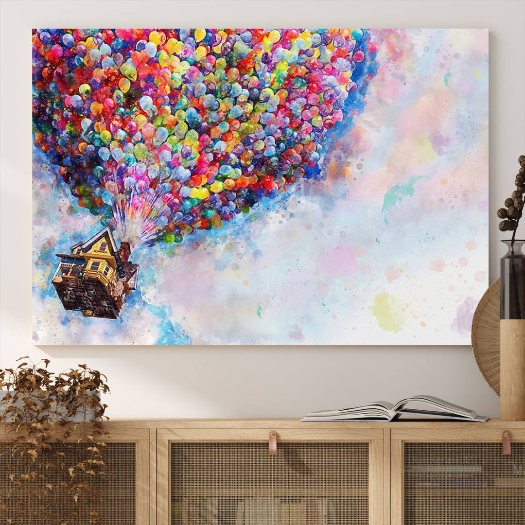 The Dont Look Up canvas wall art, featuring a house and balloons, brightens the kitchen wall.