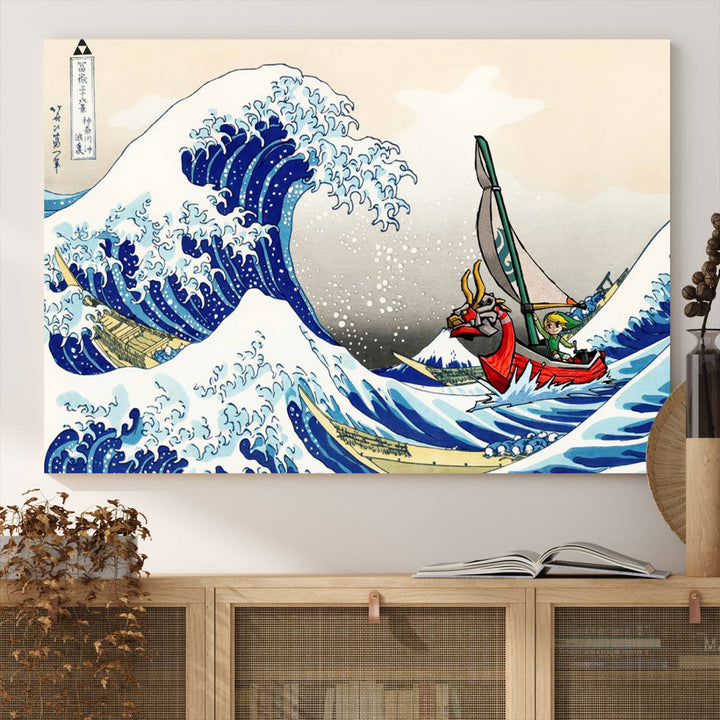 The Katsushika Hokusai Kanagawa Giant Wave Canvas print captures a vibrant sailing scene.