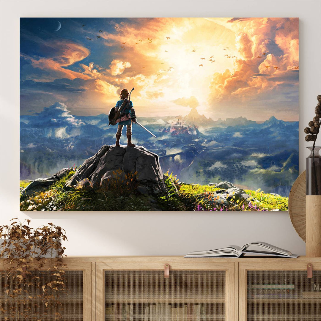 A vibrant Legend of Zelda Breath of the Wild canvas print depicts a figure standing on a rock with mountains and sky in the background.