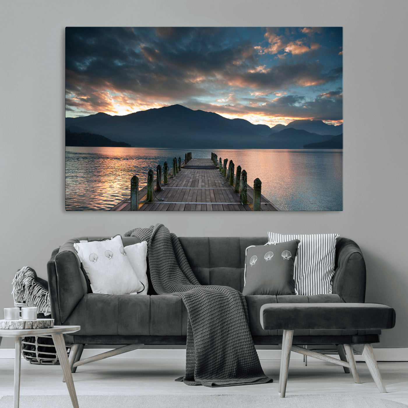 MGV-CV-36X24 - Mountain Lake Wood Pier Canvas Wall Art Nature Lake Print