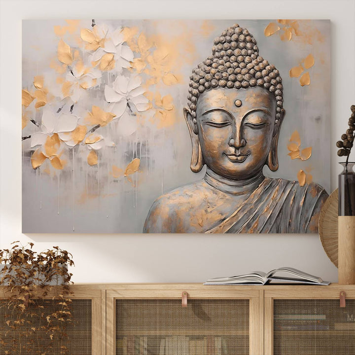 The serene dining room features Abstract Buddha Statue Wall Art.