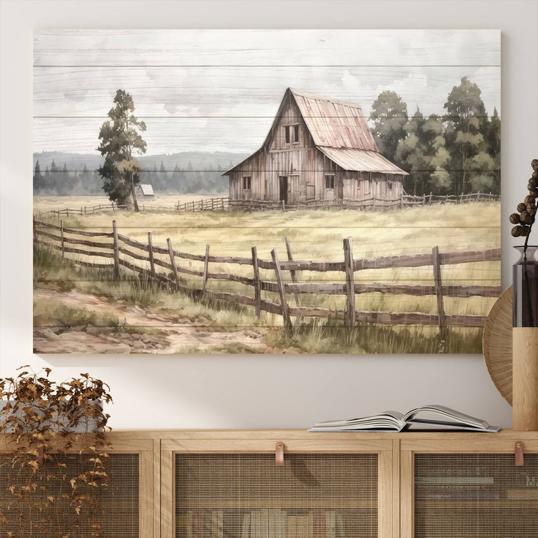 The wall is adorned with a Rustic Farmhouse Barn Wall Art.