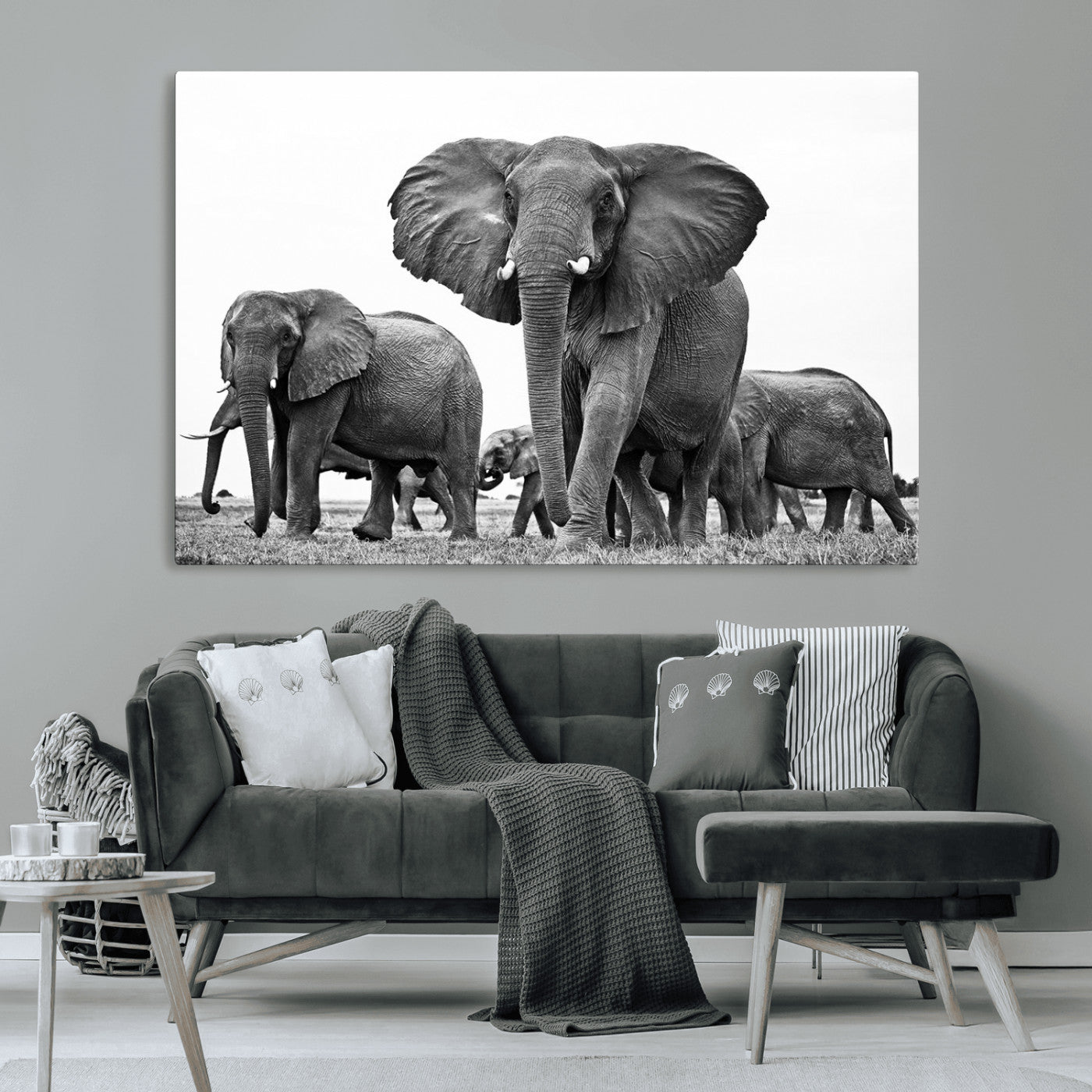 MGV-CV-36X24 - Black White Elephant Family Wall Art Canvas Print