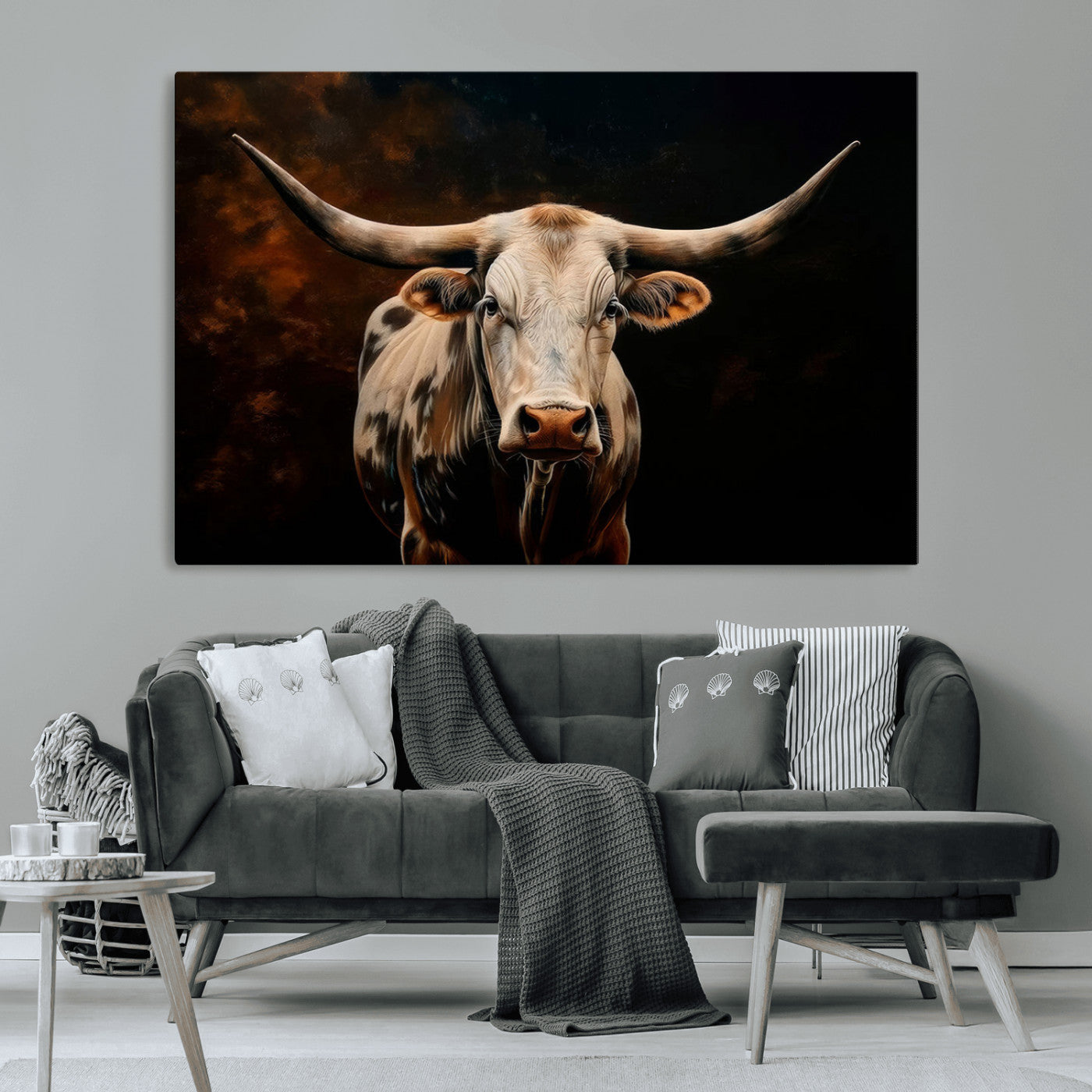 MGV-CV-36X24 - Texas Longhorn Wall Art | 3-Panel Large Texas Longhorn Canvas Print for Living Room, Office, or Farmhouse Decor | Framed Giclee Longhorn Wall Art