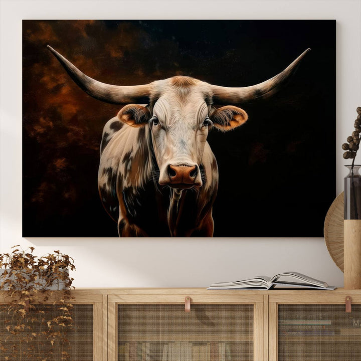 A large 3-panel Texas Longhorn canvas print dominates the space.