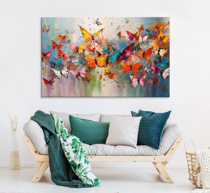 The Abstract Butterfly Wall Art Canvas Print hangs prominently, adding a touch of elegance and creativity to the room.