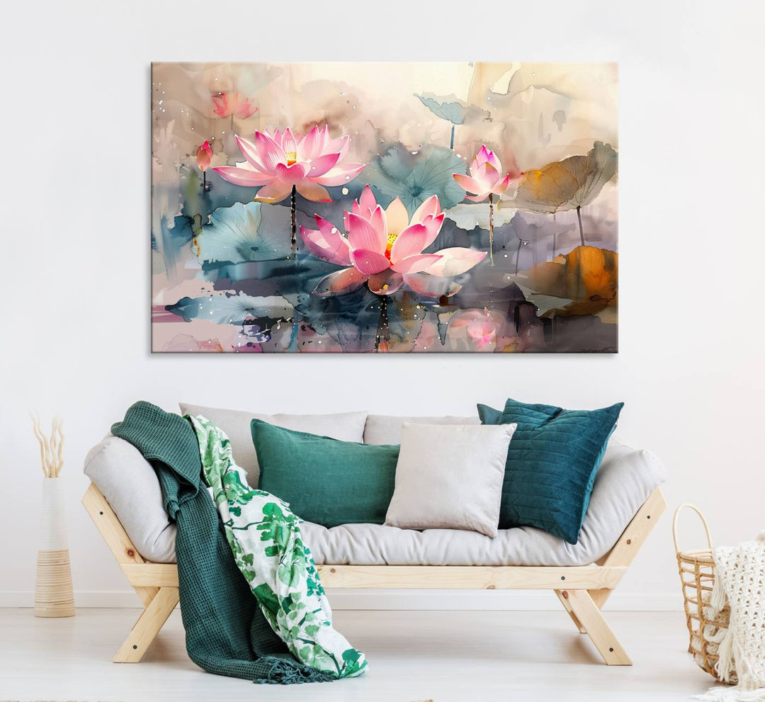 A pink lotus wall art adorns the space.