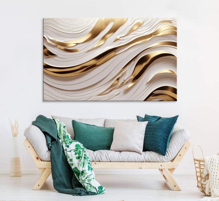 A Gold and White Abstract Wave Canvas with luxurious golden accents.