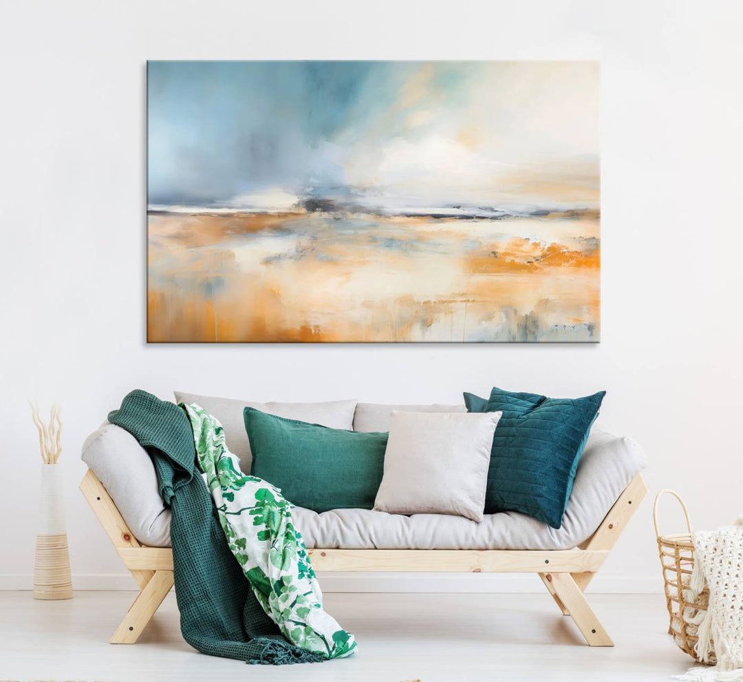 Abstract Landscape Wall Art in warm tones of orange and blue.