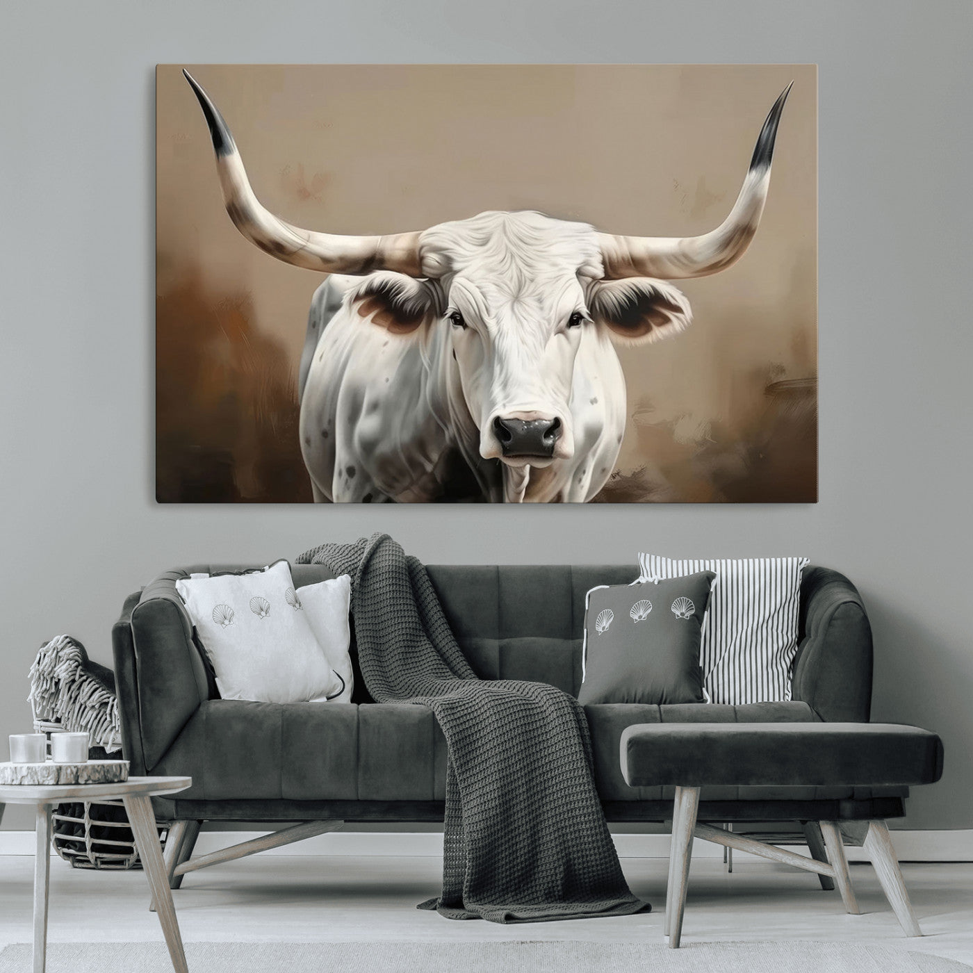 -White Longhorn Bull Wall Art Canvas Print – Framed and Ready to Hang – Perfect for Farmhouse and