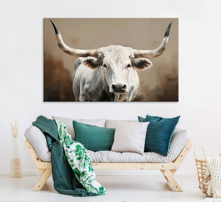 The kitchen features a striking canvas print of a Longhorn Bull.