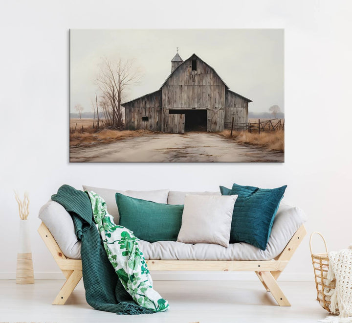 The Farmhouse Rustic Barn Wall Art Canvas Print, framed and ready to hang, enhances the farmhouse décor.