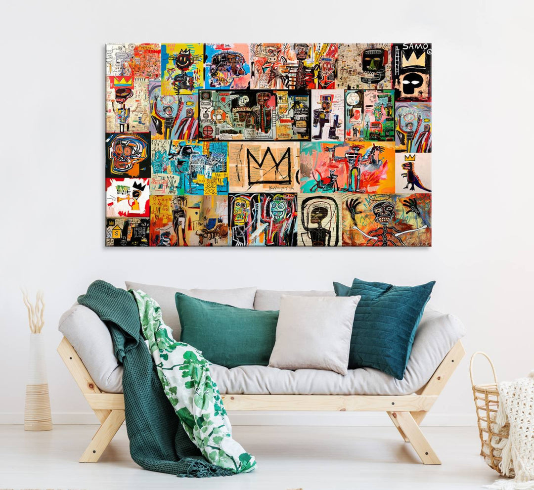 A Basquiat graffiti-style collage adorns the wall.