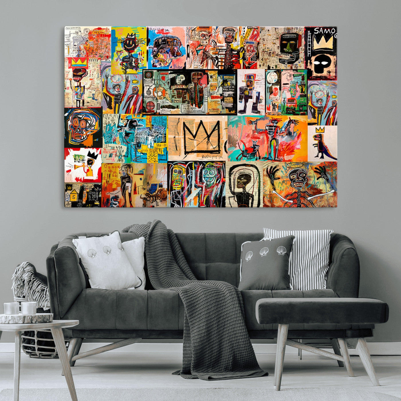 MGV-CV-36X24 - Basquiat Art Collage Wall Art Canvas Print – Framed, Ready to Hang, Urban Graffiti Style