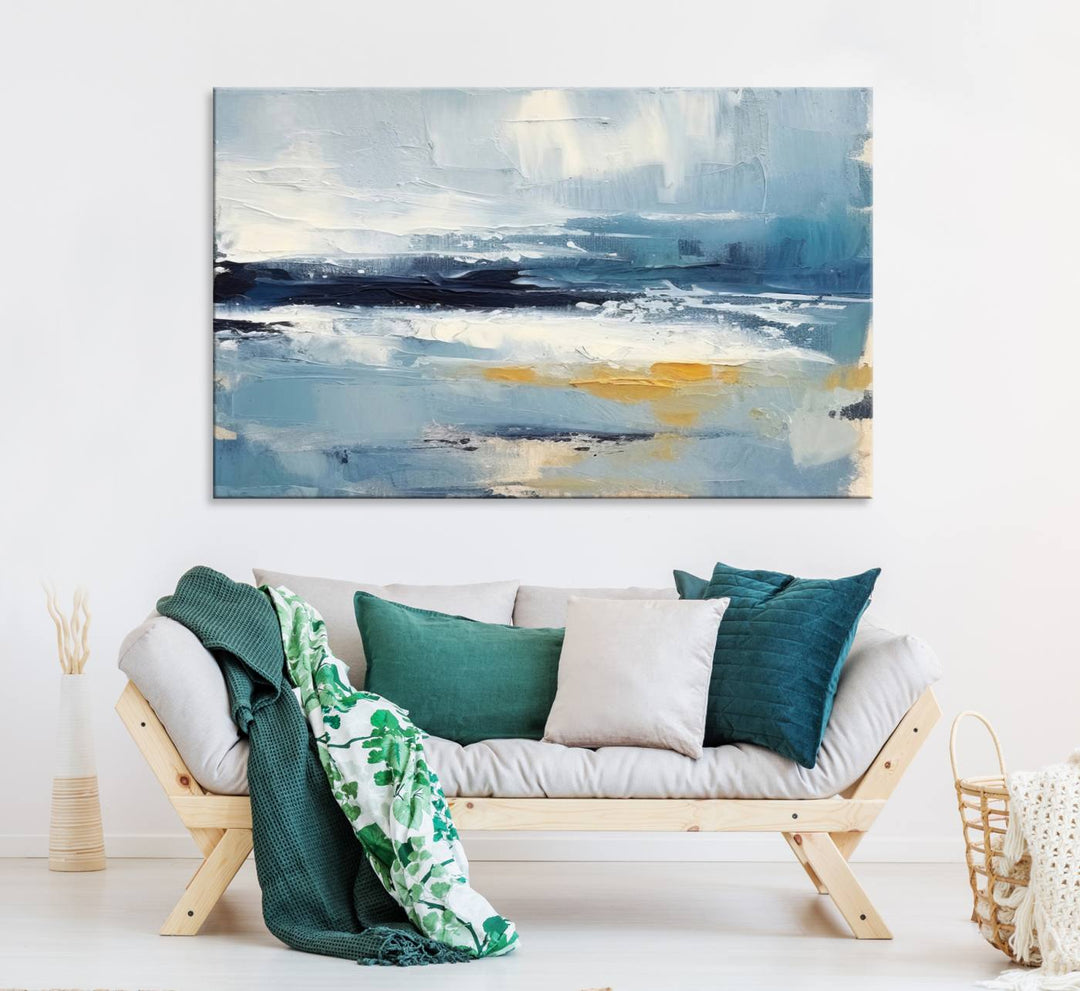 The Abstract Ocean Canvas Wall Art in coastal blue and gold enhances the modern kitchen.