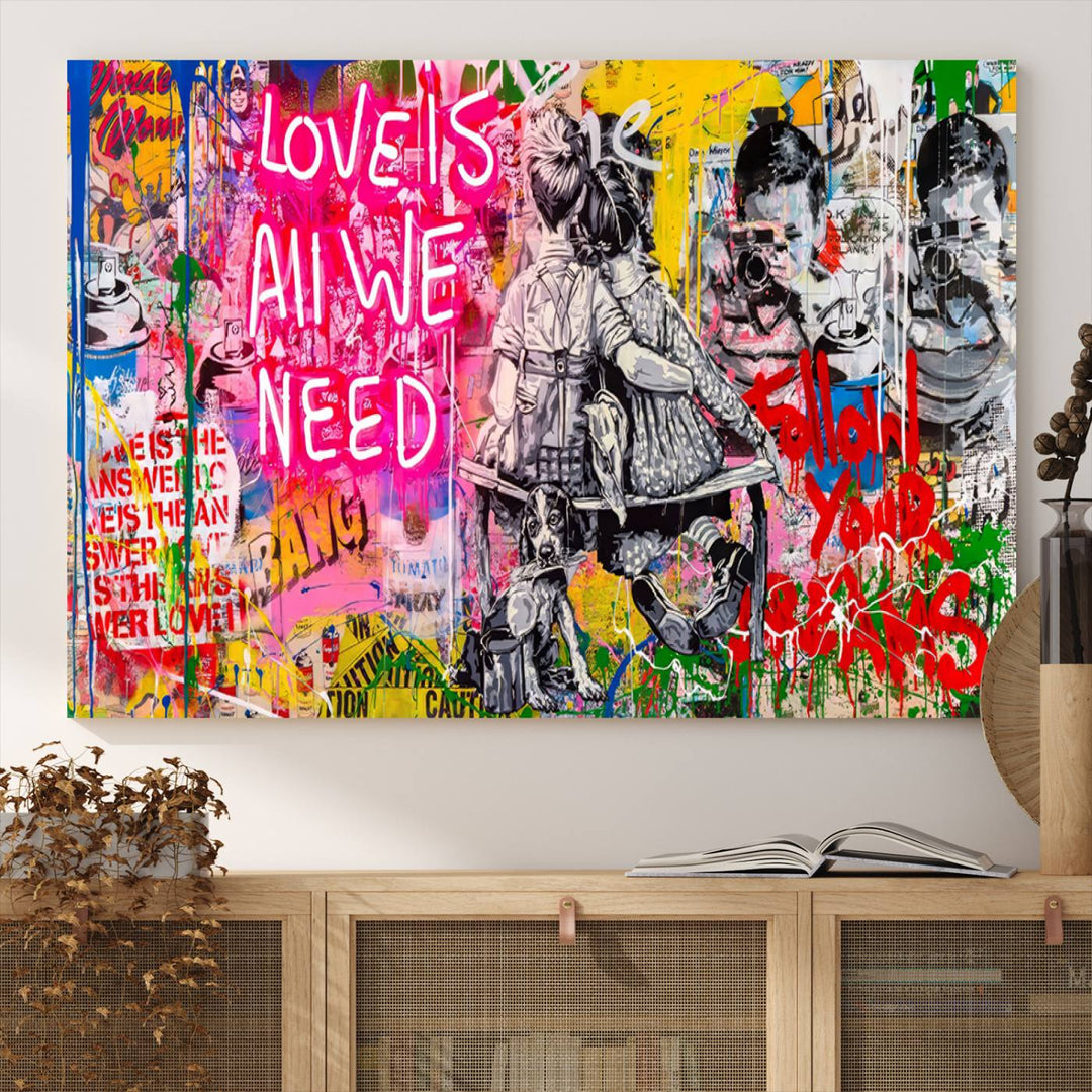 A vibrant and dynamic triptych features distorted horizontal lines, resembling graffiti street art. This artwork conveys the themes of "Follow Your Dreams" and "Love is All We Need" across three colorful panels.