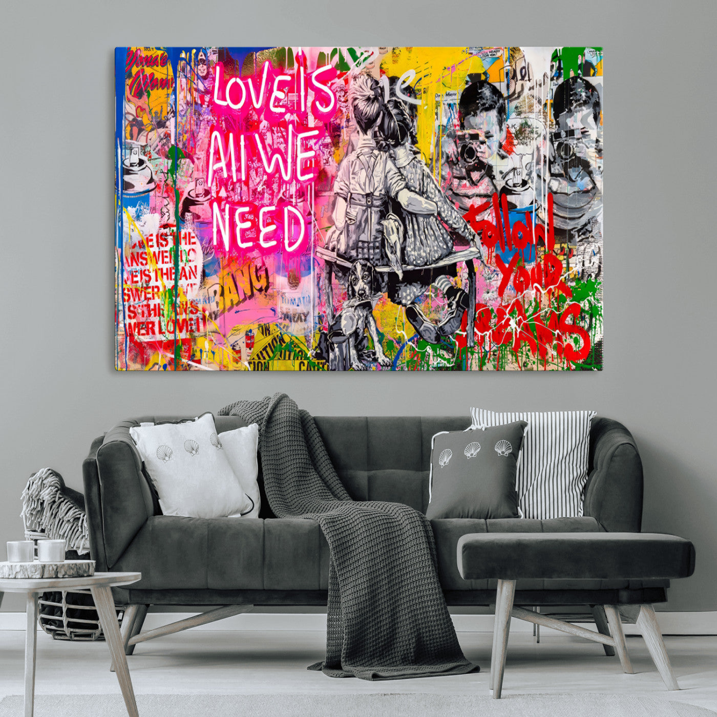 MGV-CV-36X24 - Follow Your Dreams & Love is All We Need Graffiti Street Art Triptych | 3-Panel Colorful Urban Wall Art for Living Room, Office, Loft Graffiti Wall Art Print