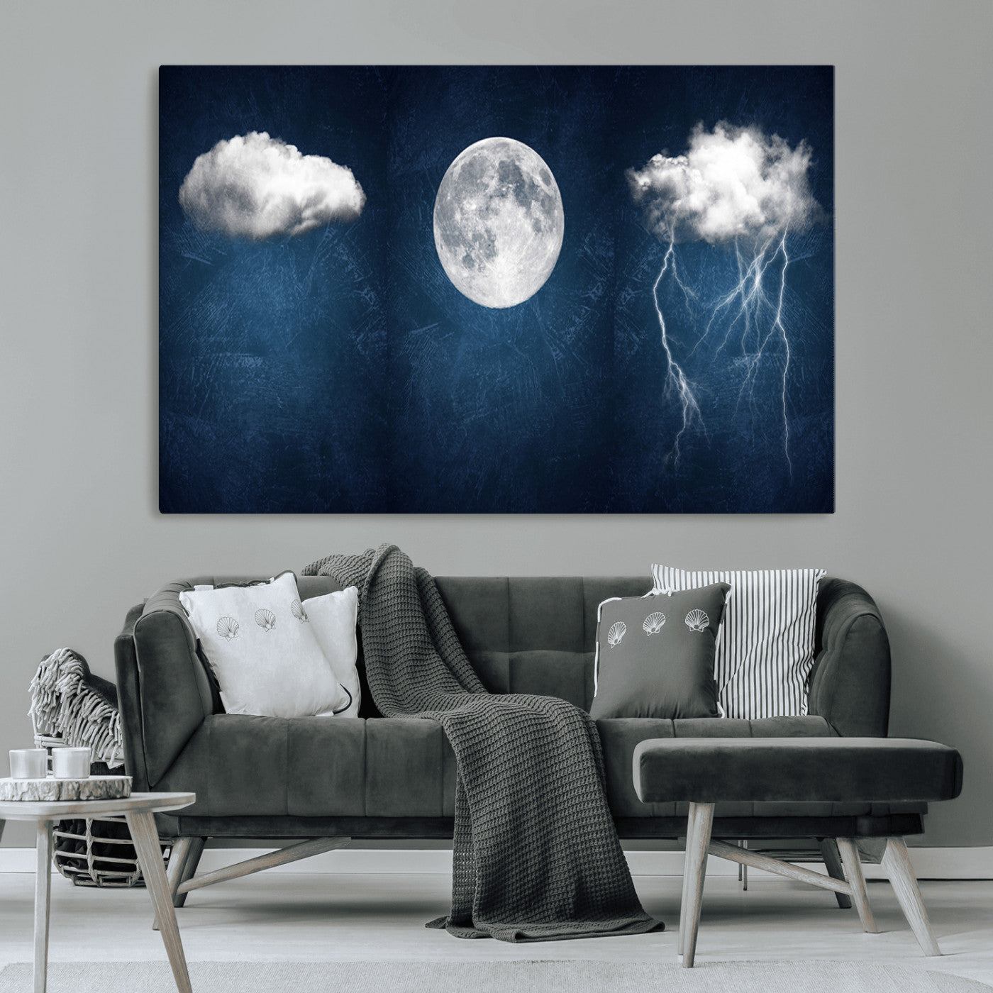 -Dark Blue Cloud Art, 3 Piece Indigo Blue Wall Art, Aesthetic Surreal Art, Thunderstorm Moon Cloud
