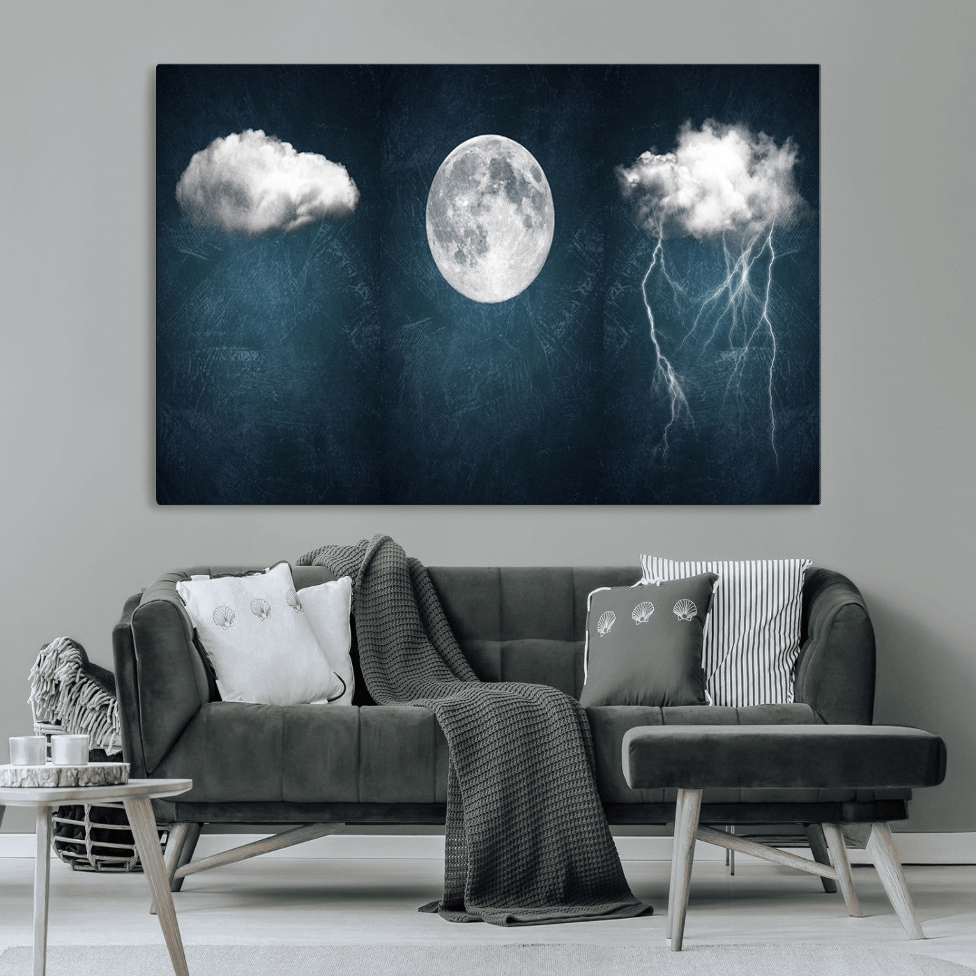 -3 Piece Indigo Cloud Wall Art, Thunderstorm Moon Cloud Artworks