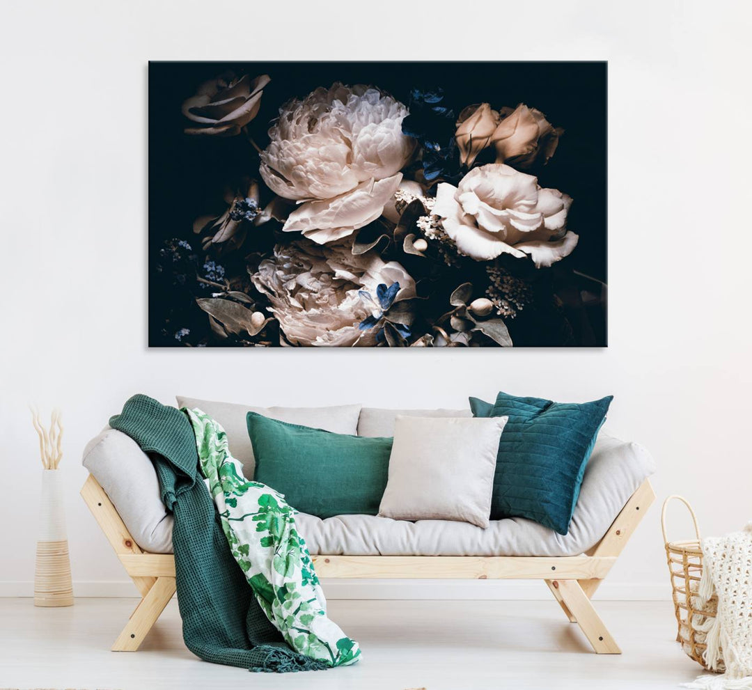 A large canvas art print of pink peonies flowers adds a vibrant touch to the space.