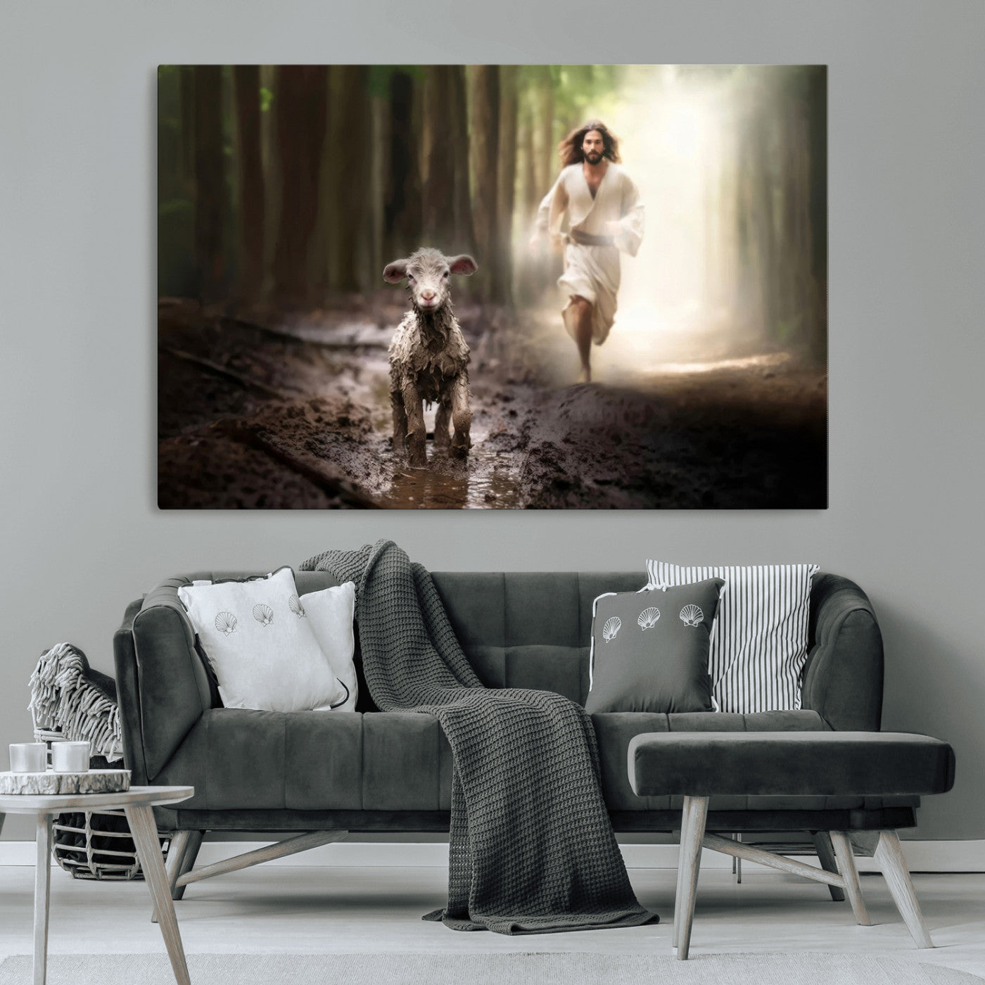 MGV-CV-36X24 - Jesus Canvas Wall Art - Jesus Running After Lost Lamb, Jesus, Christian Home Decor - Church Wall Art