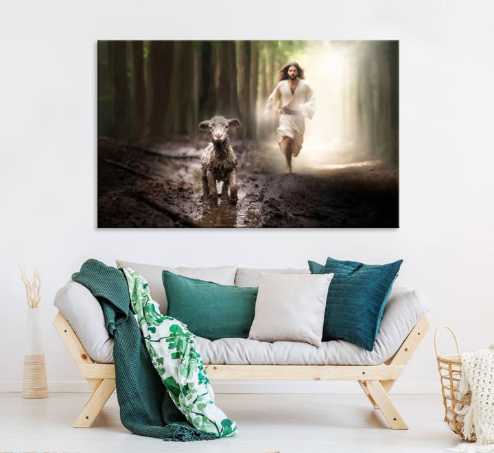 The Jesus Running After Lost Lamb canvas wall art adds a touch of spiritual significance.