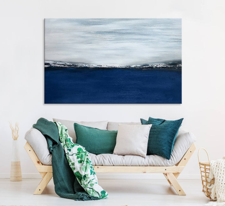 A Navy Blue Abstract Wall Art Canvas Print is displayed above the backsplash.