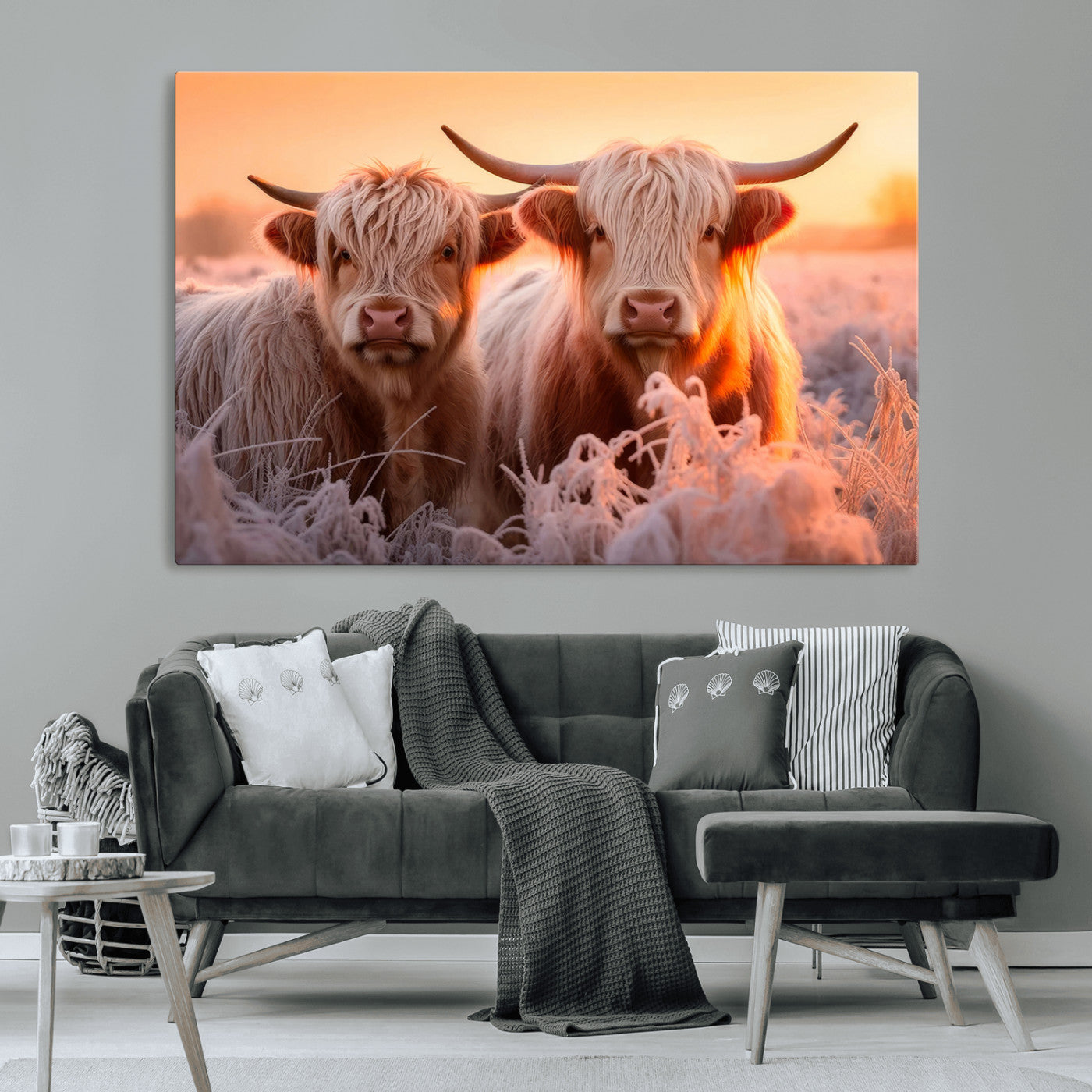 -Highland Cows at Sunrise Wall Art Canvas Set – Serene and Rustic Farmhouse Decor