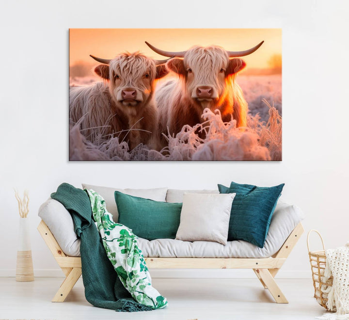 Highland Cows at Sunrise Wall Art adds serene rustic farmhouse charm.