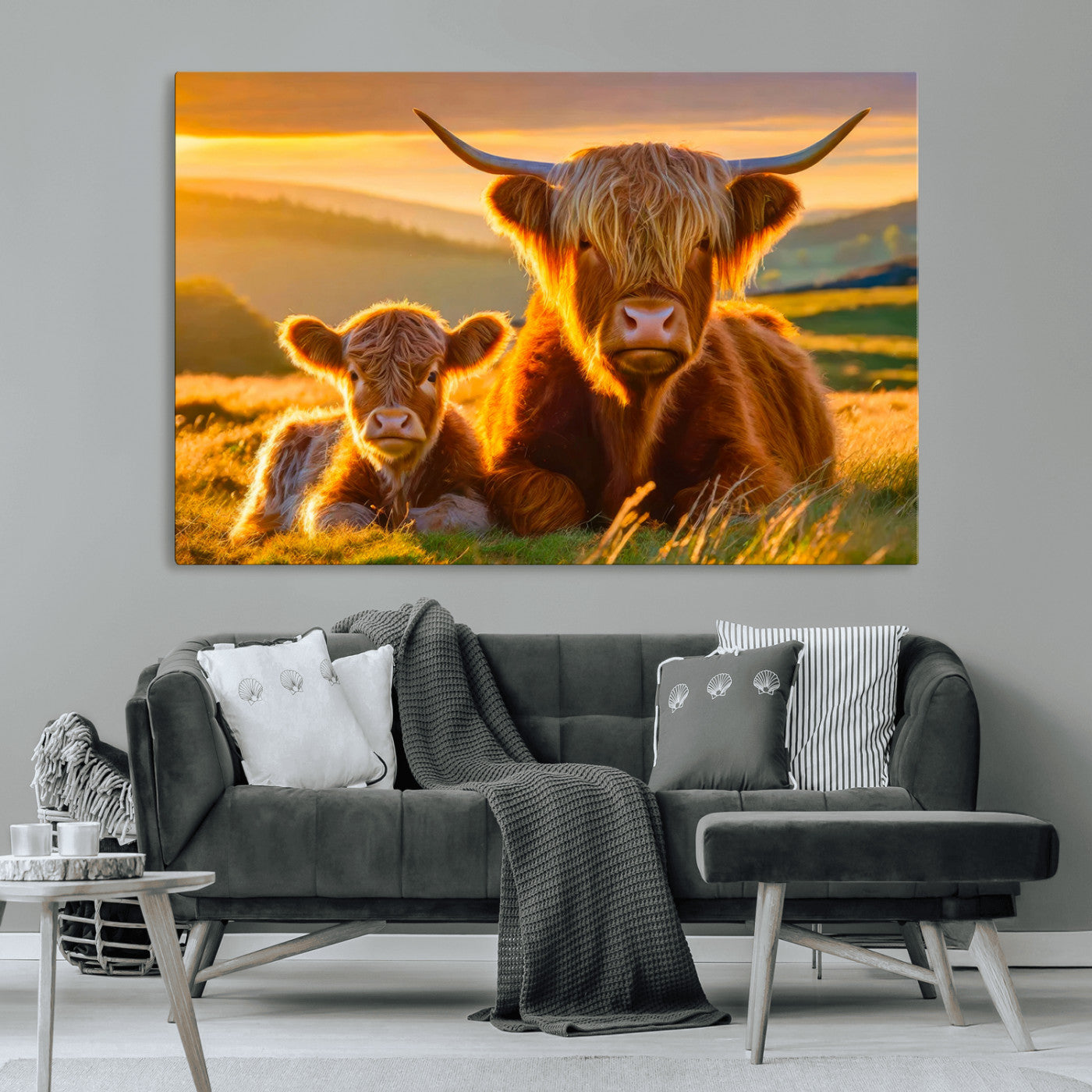 -Scottish Cow and Baby Cow Canvas Wall Art Animal Print Fluffy Cattle Framed Farmhouse Decor