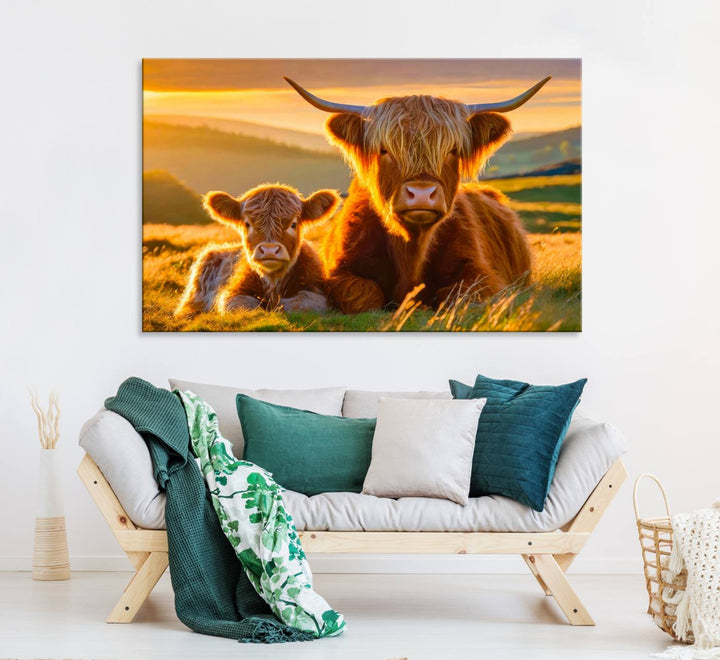 The Scottish Cow and Baby Cow Canvas Wall Art captures sunset fields.