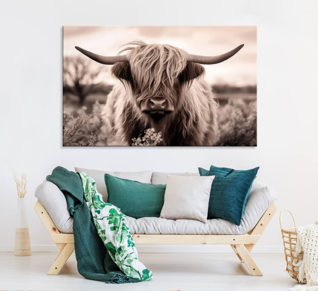 The Scottish Cow Longhorn Wall Art Canvas Print adds charm to the kitchen.