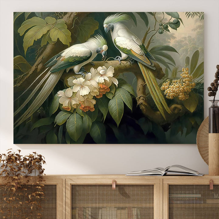 The Tropical Paradise Wall Art features a parrot in a lush forest.