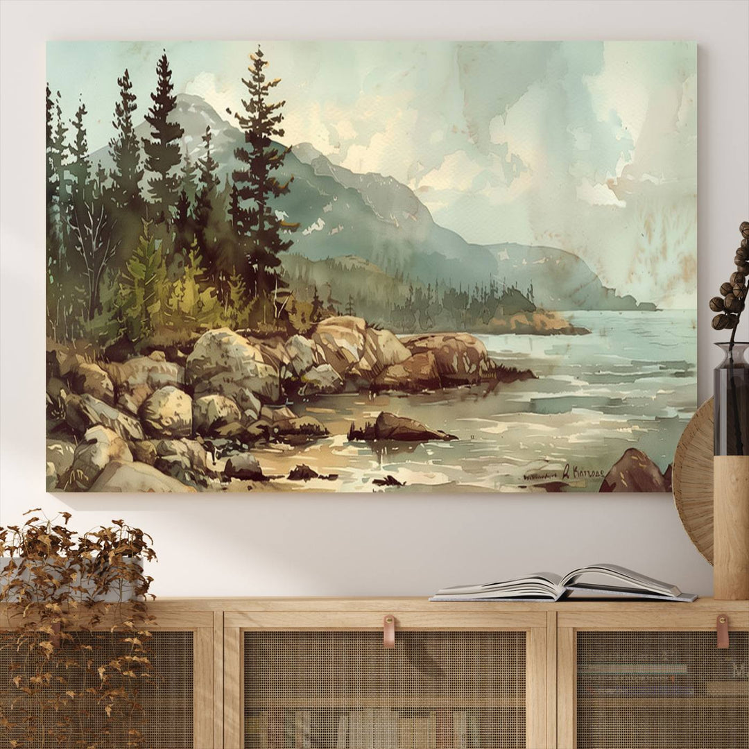 Framed Abstract Acadia National Park wall art, depicting a rocky coastline with trees and mountains, ready to hang.