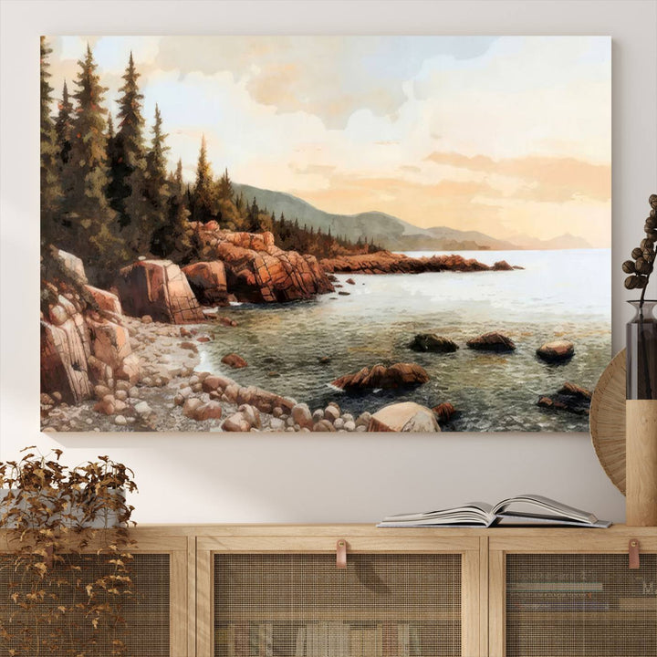 The Serene Coastal View of Acadia National Park 3-panel canvas, framed and ready to hang, adorns the wall.