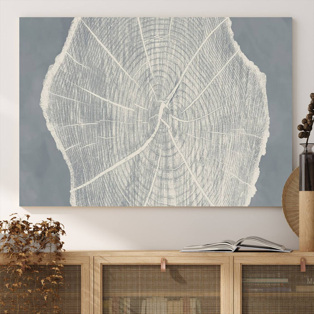 A gray wall displays the Abstract Tree Ring Wall Art print.