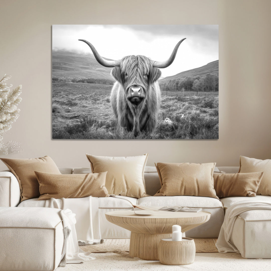 Black White Scottish Highland Cow Canvas Farm Wall Art Canvas Print