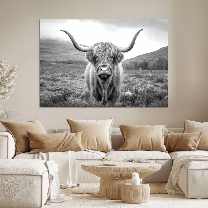 Black White Scottish Highland Cow Canvas Farm Wall Art Canvas Print
