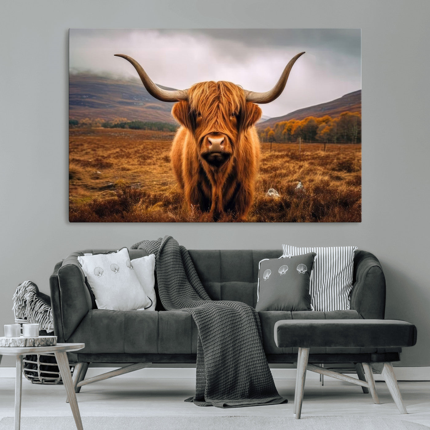 -Highland Cow Longhorn Wall Art – Rustic Canvas Print, Framed and Ready to Hang for Farmhouse Décor