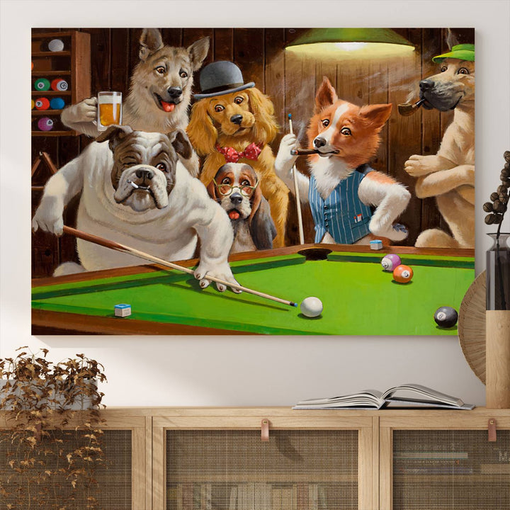 Dogs Playing Pool Canvas Wall Art: This artwork depicts a room where dogs are engaged in a game of pool. One dog is poised to cue while others observe the scene.