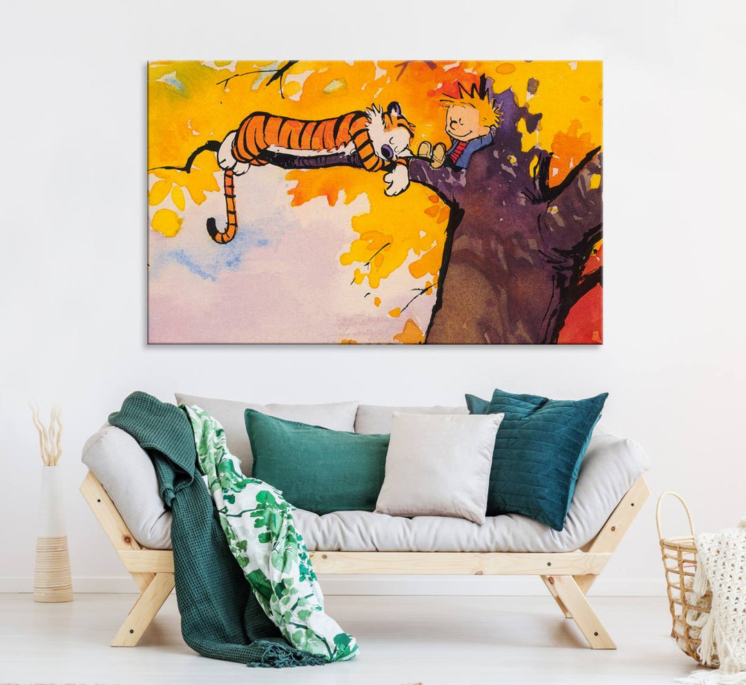 Premium canvas Calvin Wall Arts featuring a boy and tiger relaxing on a branch.