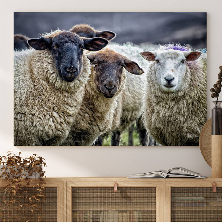 The Charming Sheep Portrait Wall Art hangs on a wooden wall.