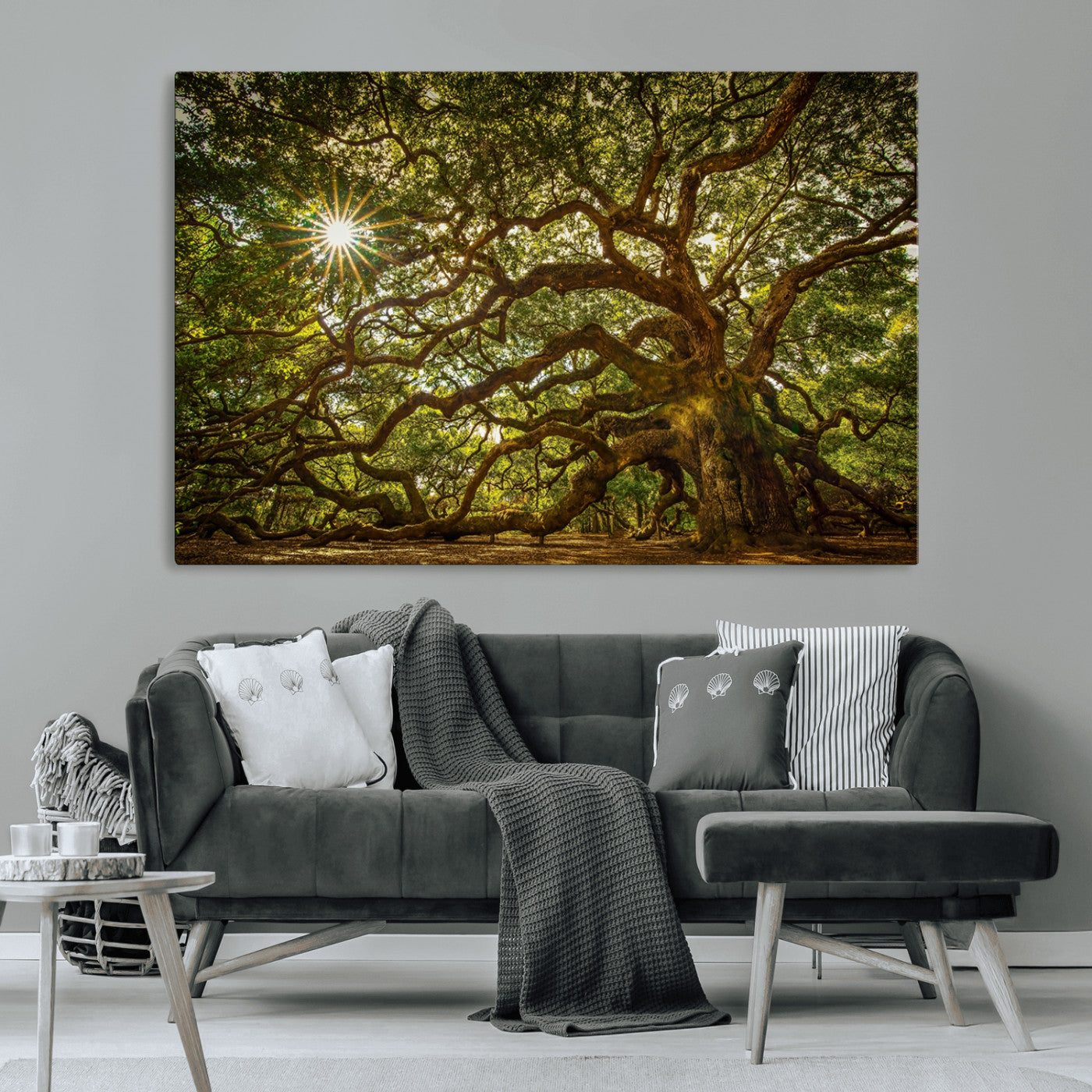 MGV-CV-36X24 - Ancient Angel Oak Tree Art Sunburst Canvas Print- Nature-Inspired Triptych Canvas Print, Framed, Ready to Hang