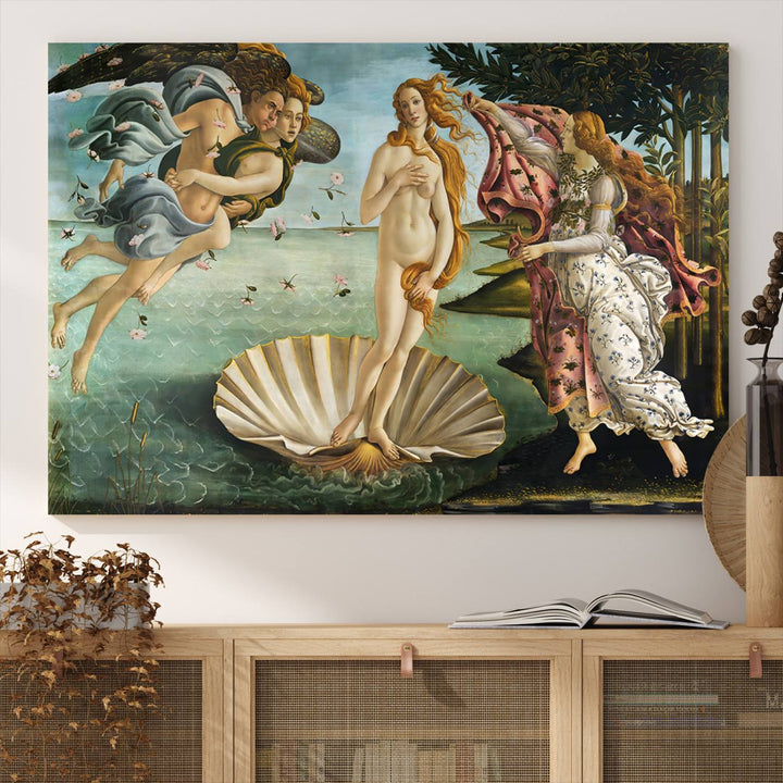 A canvas print of Botticellis The Birth of Venus is displayed on the wall.